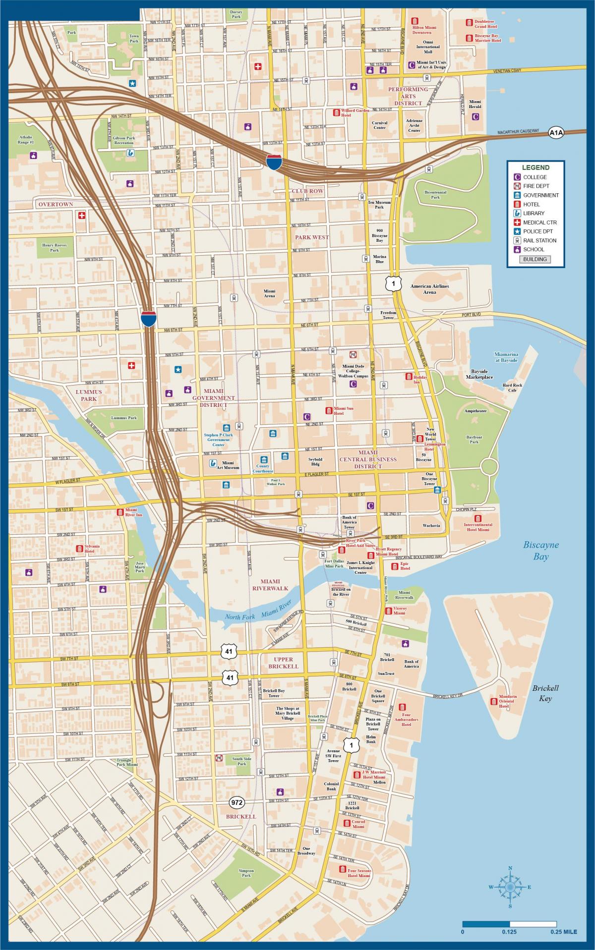 kaart van het centrum van Miami