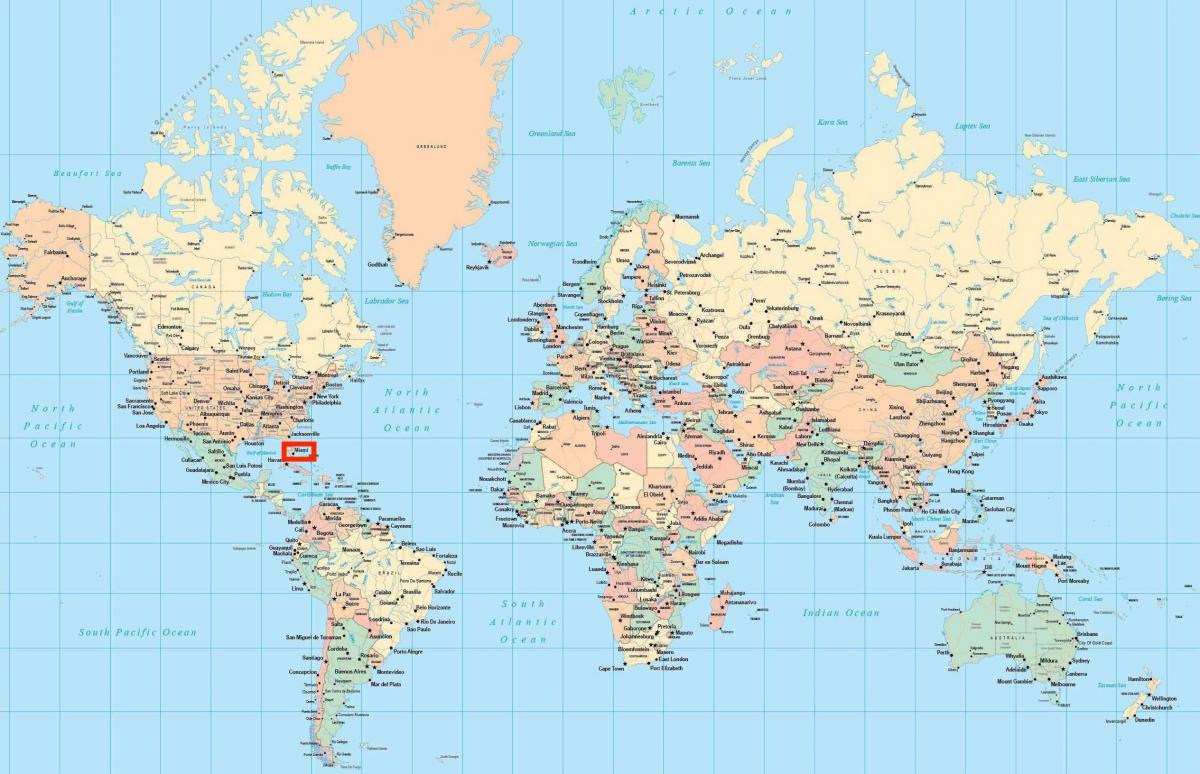Miami locatie in de kaart van de wereld